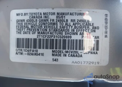 2001 Toyota Camry Solara Se V6 z USA, uszkodzony, nr VIN 2T1CF22P31C520699